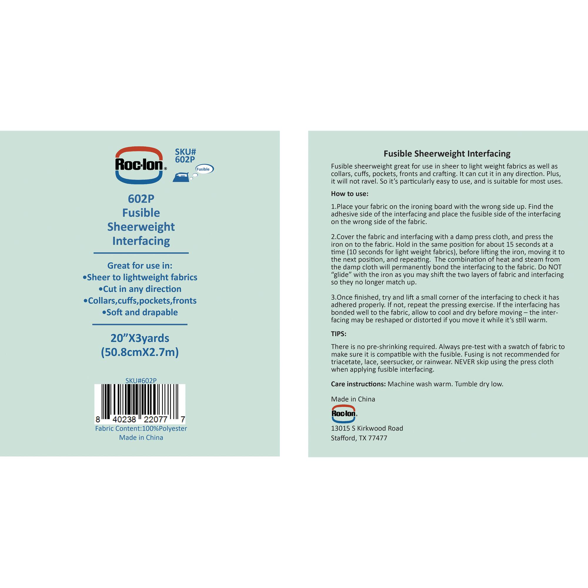 Roc-Lon 20" x 3yd. Fusible Sheerweight Polyester Interfacing